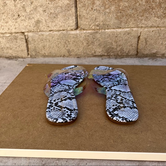 Chase and Chloe Holographic Snake Embossed Clear Strap Irma Slides Sandals - Picture 5 of 7